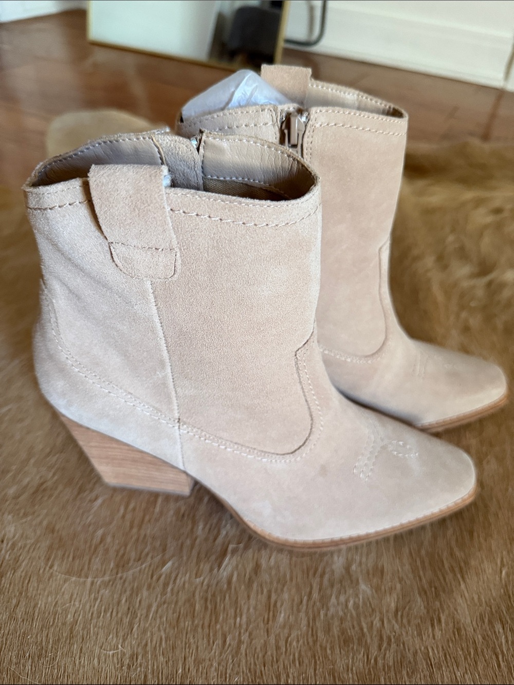 Chinese Laundry Light Beige Suede Western Ankle Booties